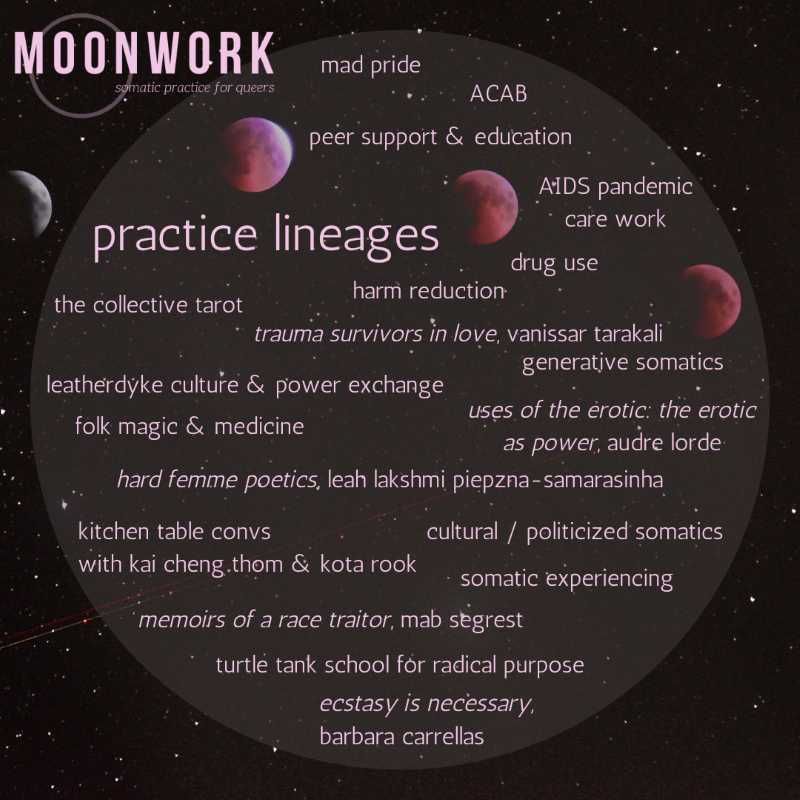a starry sky with pinkish-red moons in different phases. big text reads "practice lineages" and smaller text gives examples such as "ACAB," "mad pride," "harm reduction."